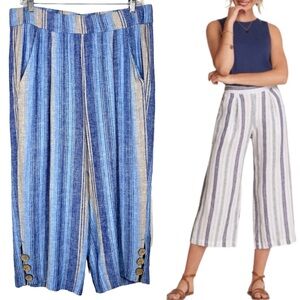 Striped Blue Linen-Blend Cropped Wide-Leg Capris